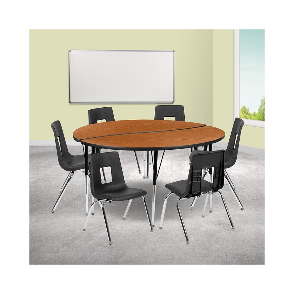 60" Circle Wave Collaborative Laminate Activity Table Set with 16" Student Stack Chairs, Oak/Black