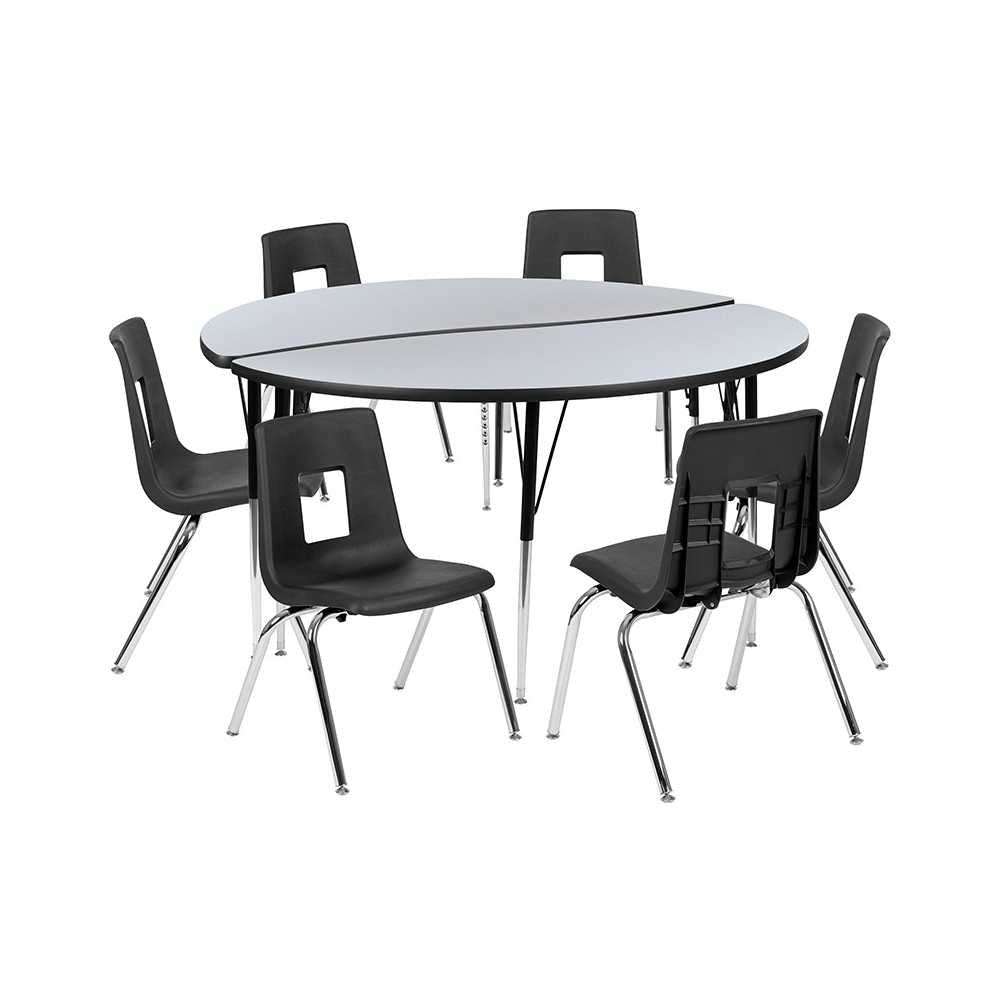60" Circle Wave Collaborative Laminate Activity Table Set with 18" Student Stack Chairs, Gray/Black