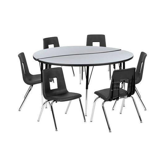 60" Circle Wave Collaborative Laminate Activity Table Set with 18" Student Stack Chairs, Gray/Black