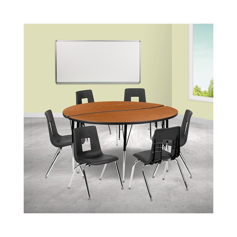 60" Circle Wave Collaborative Laminate Activity Table Set with 18" Student Stack Chairs, Oak/Black