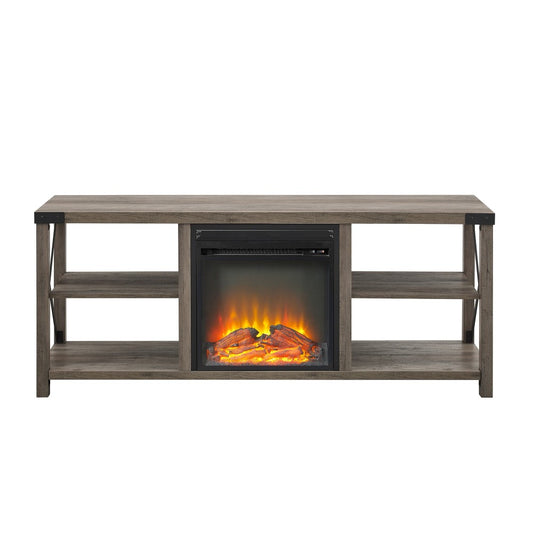 60" Farmhouse Metal X Fireplace Console - Gray Wash