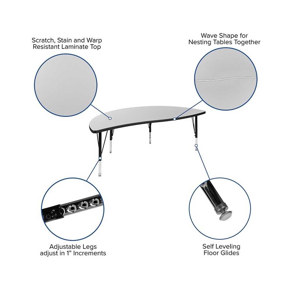 60" Half Circle Wave Collaborative Gray Thermal Laminate Activity Table - Height Adjustable Short Legs