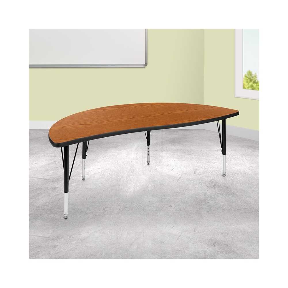 60" Half Circle Wave Collaborative Oak Thermal Laminate Activity Table - Height Adjustable Short Legs