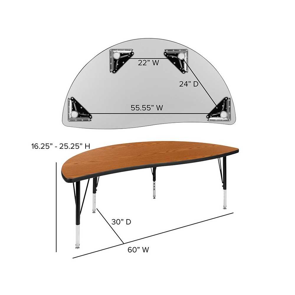 60" Half Circle Wave Collaborative Oak Thermal Laminate Activity Table - Height Adjustable Short Legs