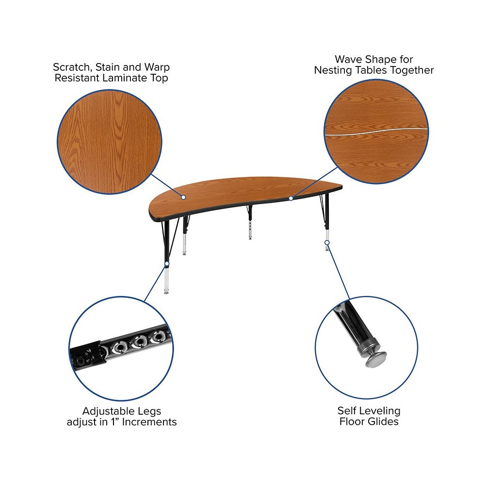 60" Half Circle Wave Collaborative Oak Thermal Laminate Activity Table - Height Adjustable Short Legs