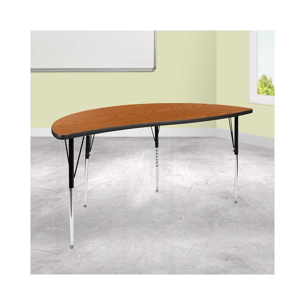 60" Half Circle Wave Collaborative Oak Thermal Laminate Activity Table - Standard Height Adjustable Legs