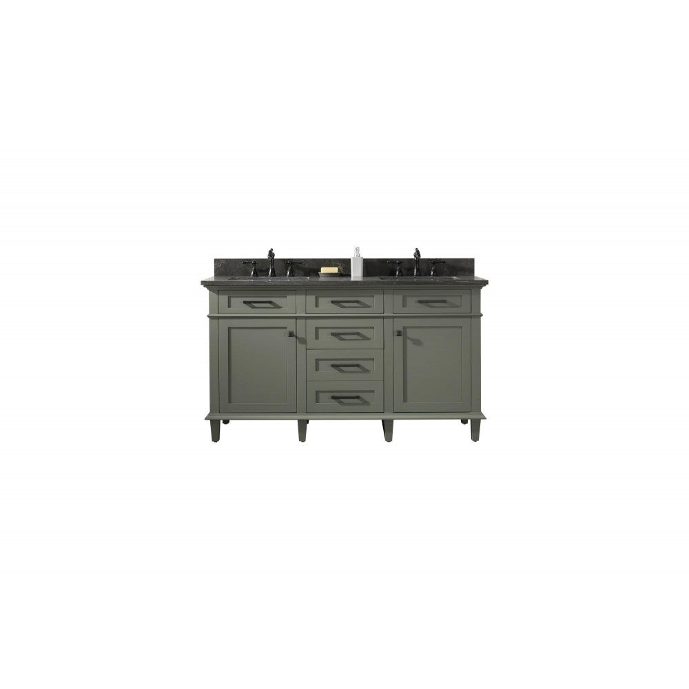 60" Pewter Green Finish Double Sink Vanity Cabinet With Blue Lime Stone Top