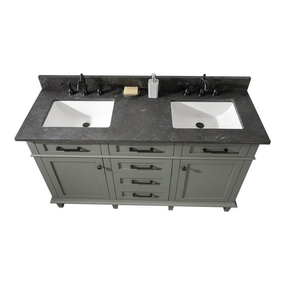 60" Pewter Green Finish Double Sink Vanity Cabinet With Blue Lime Stone Top