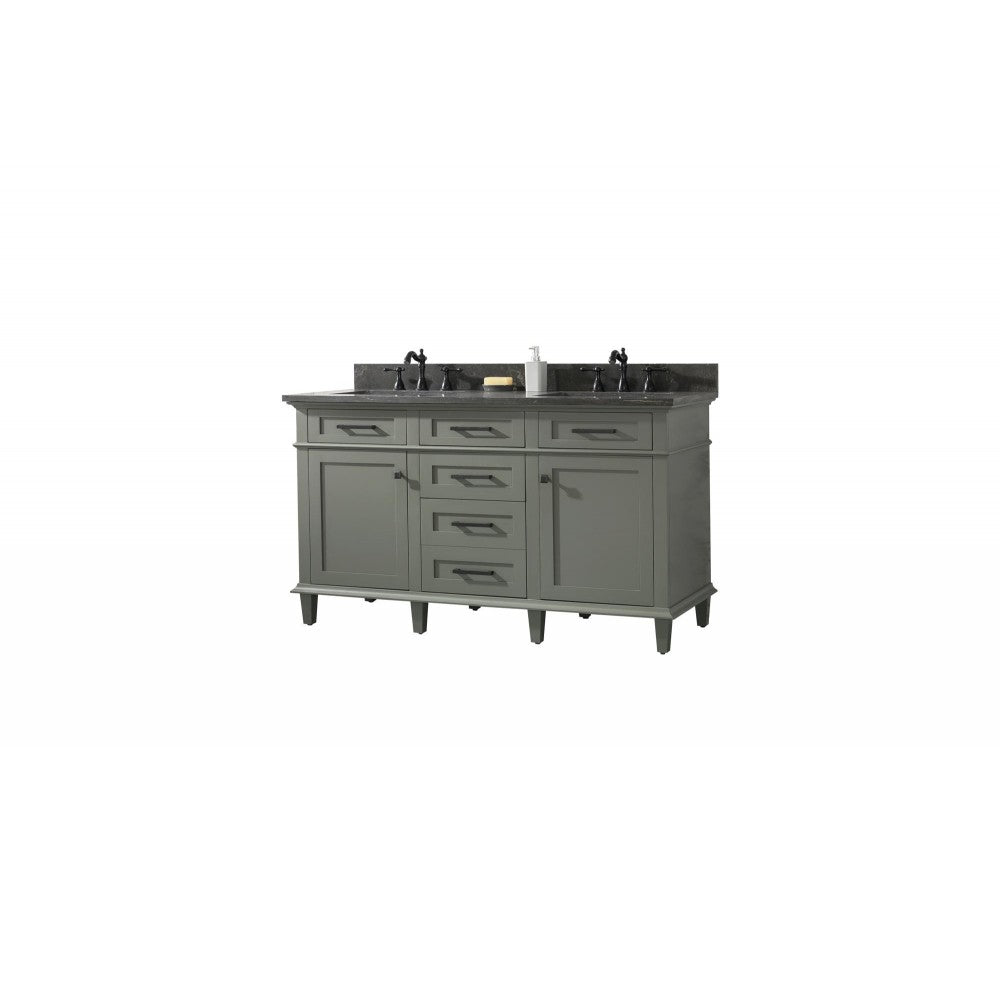 60" Pewter Green Finish Double Sink Vanity Cabinet With Blue Lime Stone Top