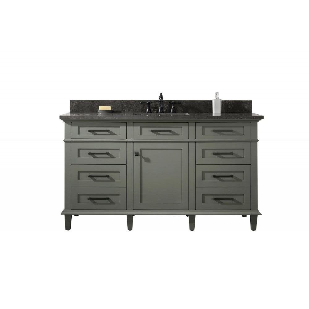 60" Pewter Green Finish Single Sink Vanity Cabinet With Blue Lime Stone Top