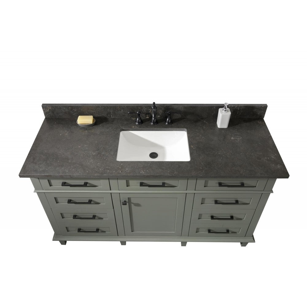 60" Pewter Green Finish Single Sink Vanity Cabinet With Blue Lime Stone Top