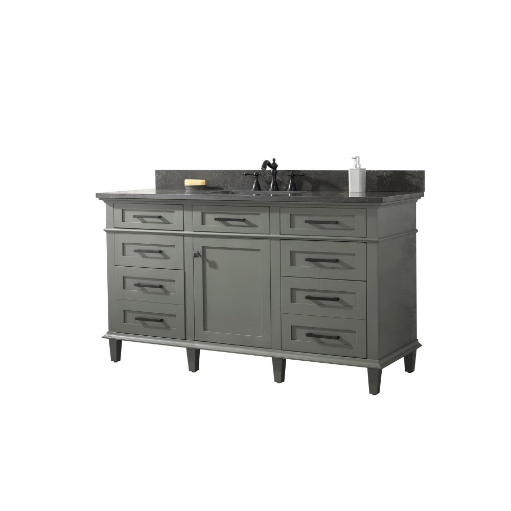 60" Pewter Green Finish Single Sink Vanity Cabinet With Blue Lime Stone Top