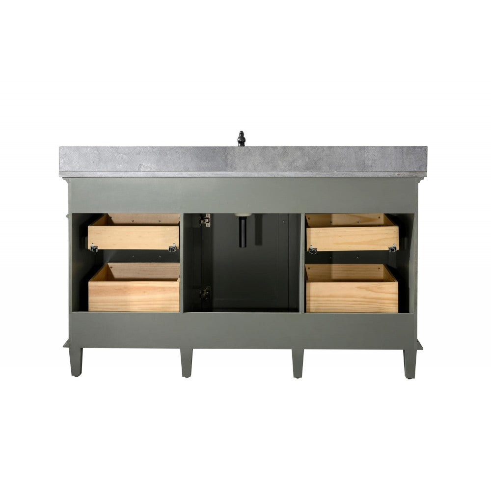 60" Pewter Green Finish Single Sink Vanity Cabinet With Blue Lime Stone Top