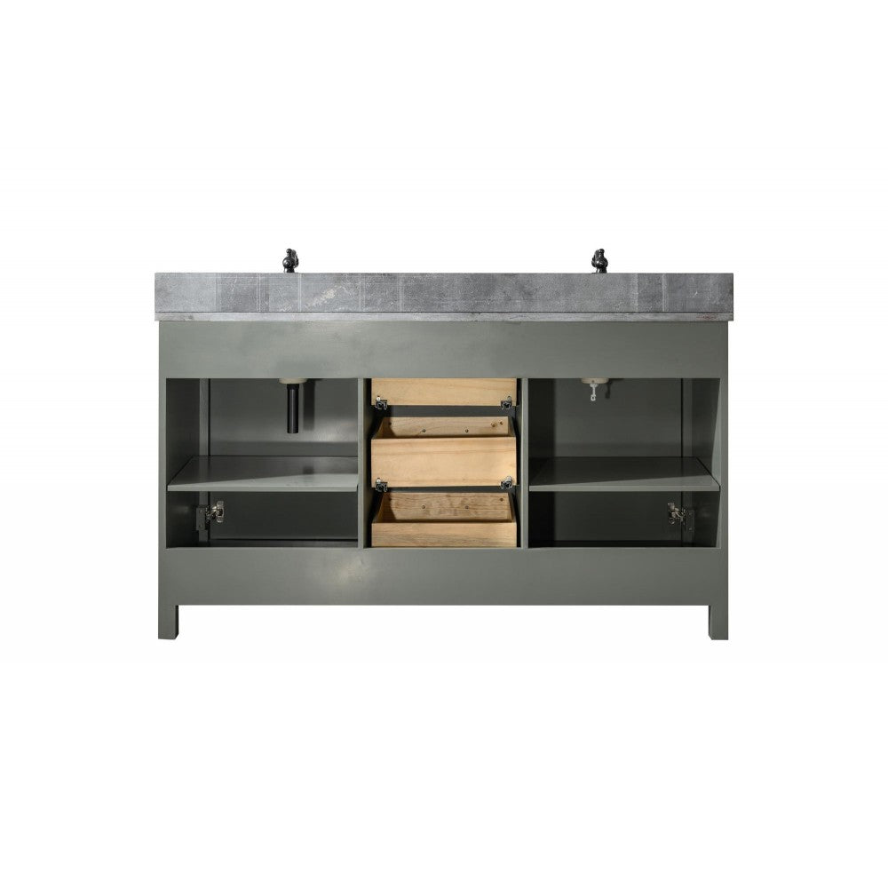 60" Pewter Green Finish Sink Vanity Cabinet With Blue Lime Stone Top