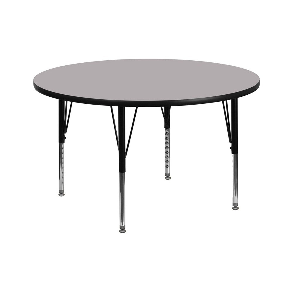 60'' Round Gray Thermal Laminate Activity Table - Height Adjustable Short Legs