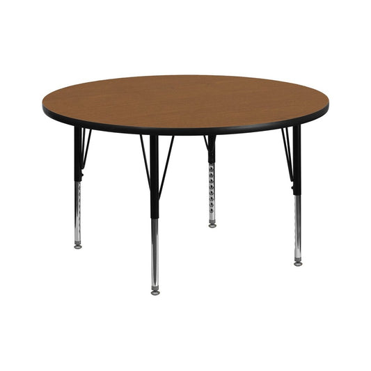 60'' Round Oak Thermal Laminate Activity Table - Height Adjustable Short Legs