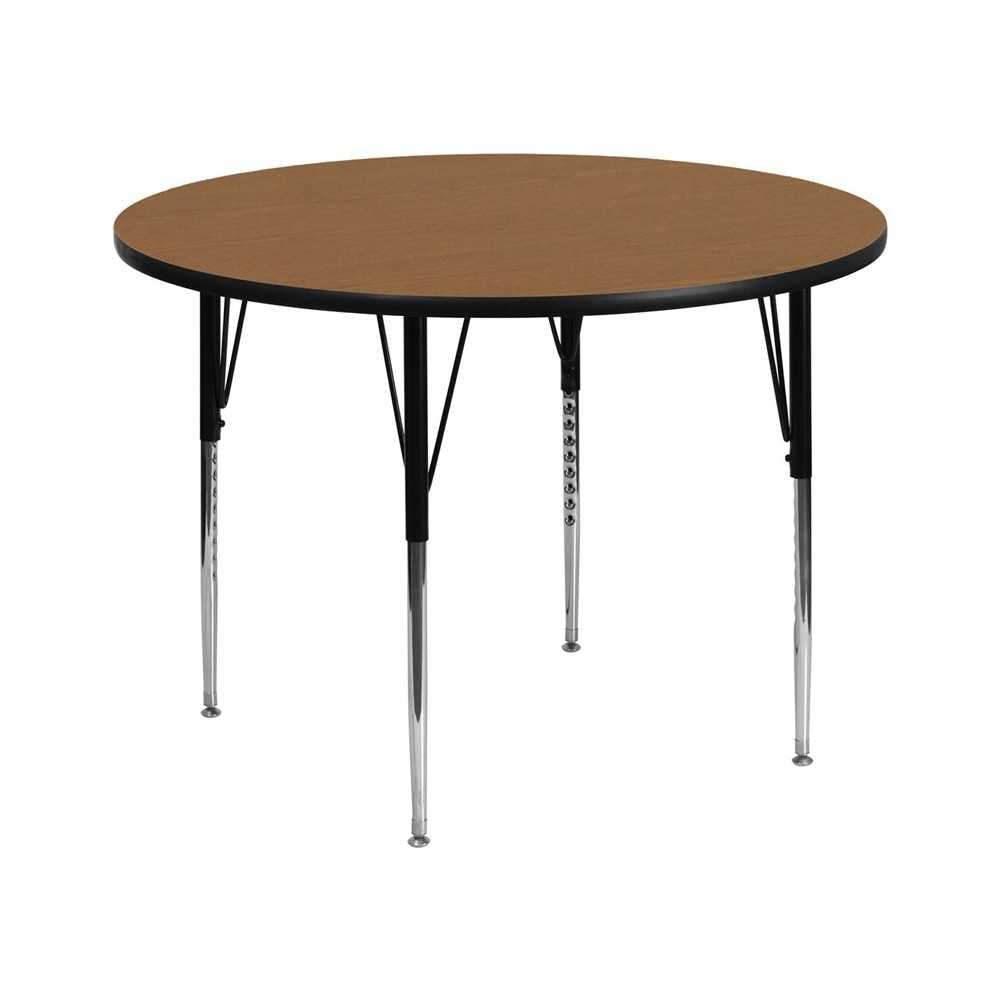 60'' Round Oak Thermal Laminate Activity Table - Standard Height Adjustable Legs