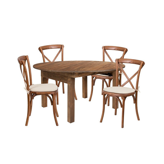 60" Round Solid Pine Folding Farm Dining Table Set with 4 Cross Back Chairs and Cushions