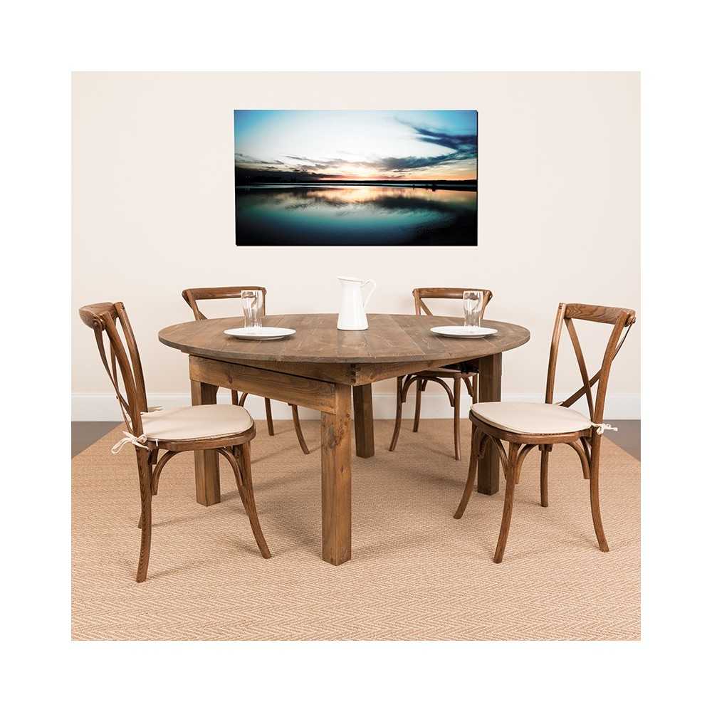 60" Round Solid Pine Folding Farm Dining Table Set with 4 Cross Back Chairs and Cushions