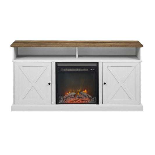 60" Tall Highboy Barn Door Fireplace TV Stand - Rustic Oak/Brushed White