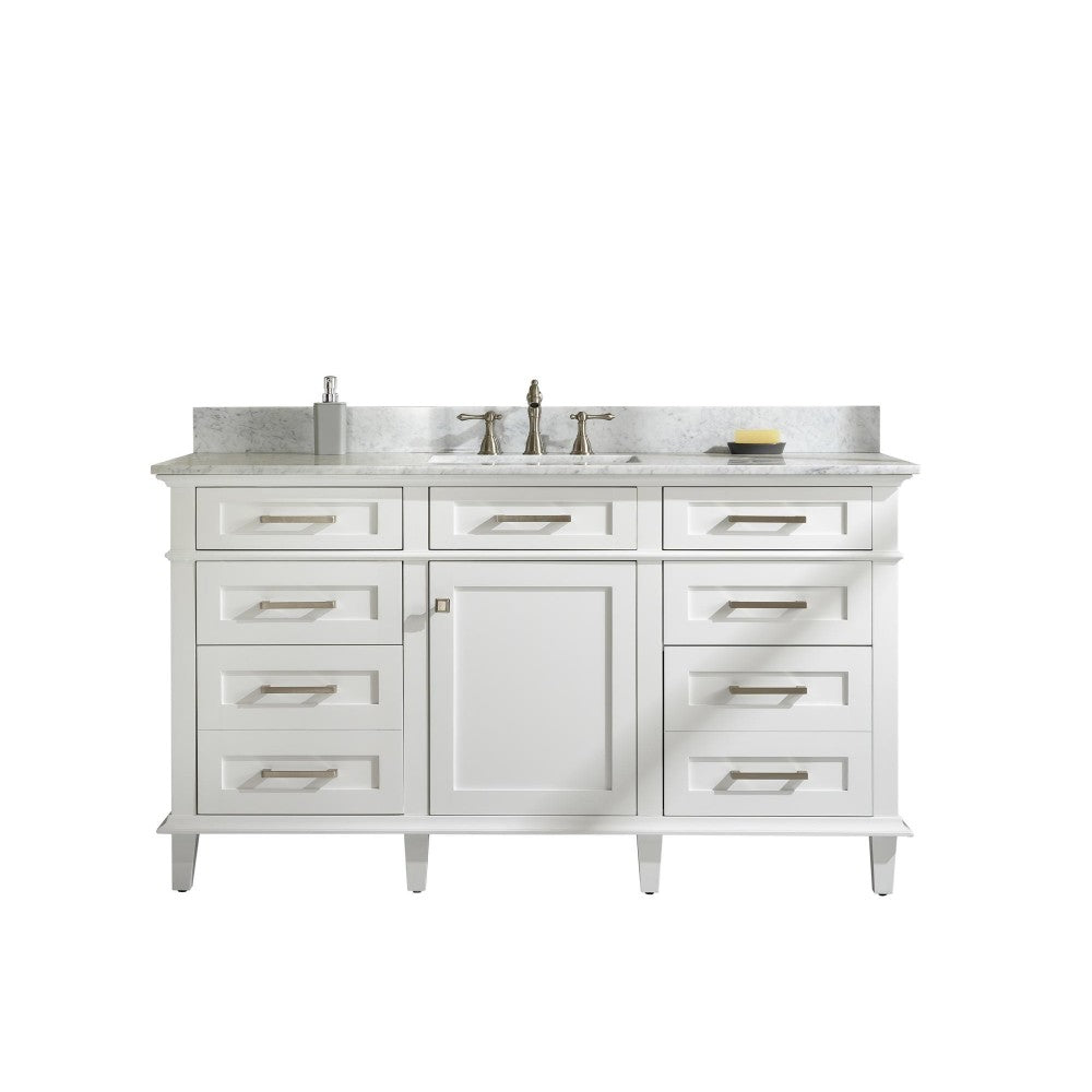 60" White Finish Single Sink Vanity Cabinet With Carrara White Top