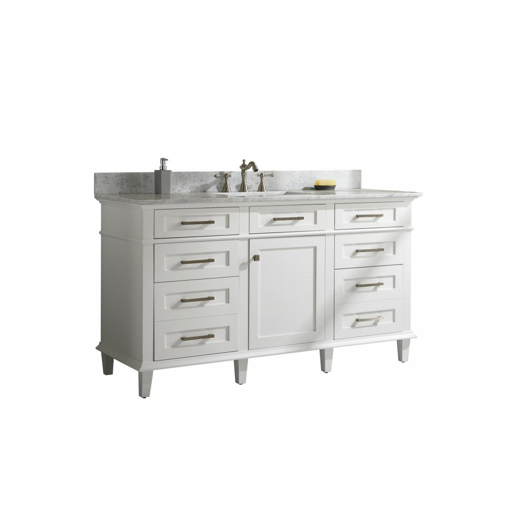 60" White Finish Single Sink Vanity Cabinet With Carrara White Top