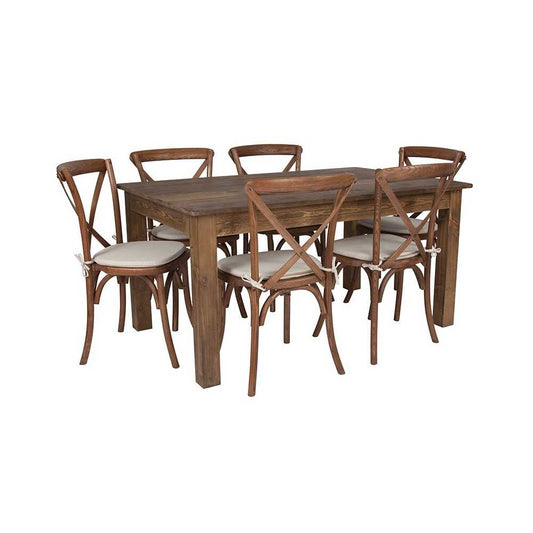 60" x 38" Antique Rustic Farm Table Set with 6 Cross Back Chairs and Cushions