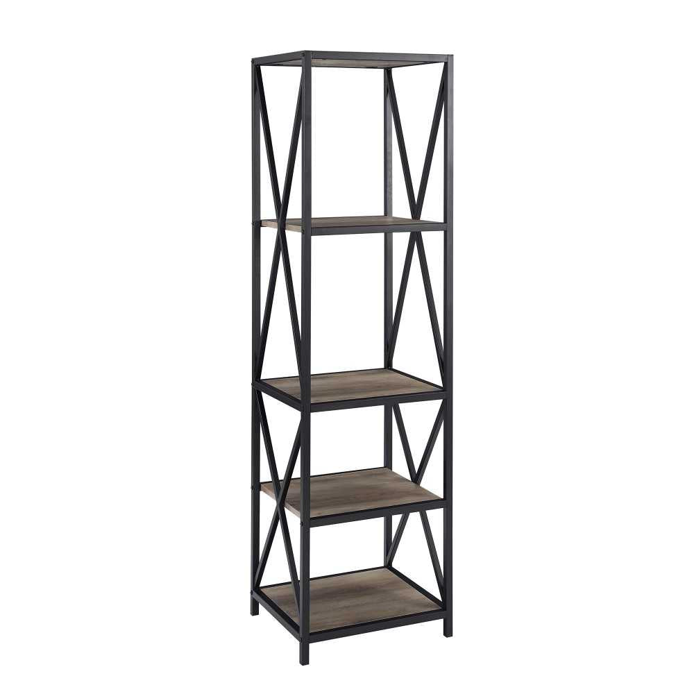 61" Metal X Wood Bookshelf - Gray Wash