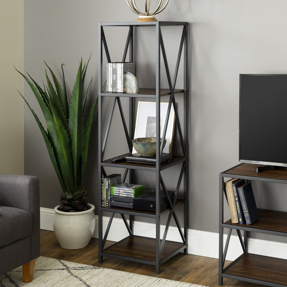 61" Metal X Wood Bookshelf - Dark Walnut
