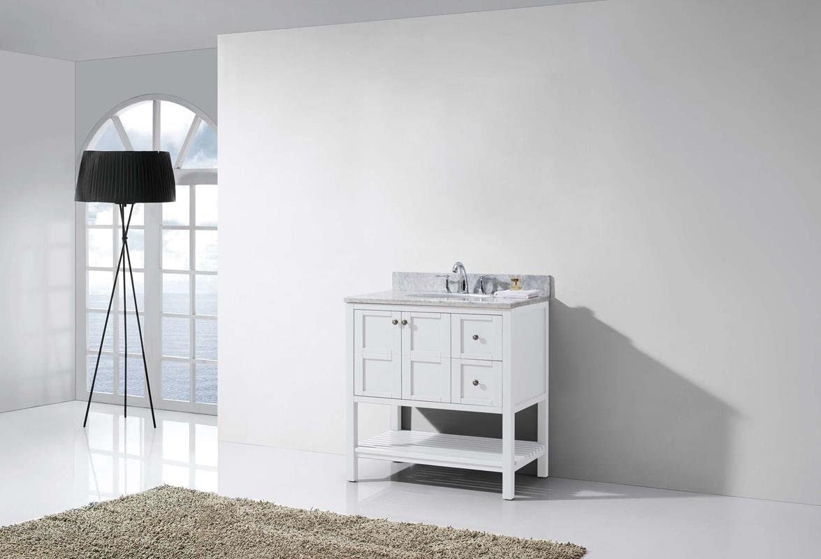 Virtu USA ES-30036-WMRO-WH-NM Winterfell 36" Single Bathroom Vanity in White with Marble Top and Round Sink, 36 inches