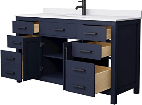 Beckett 60 Inch Single Bathroom Vanity in Dark Blue, White Cultured Marble Countertop, Undermount Square Sink, Matte Black Trim