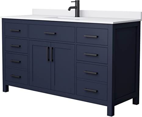 Beckett 60 Inch Single Bathroom Vanity in Dark Blue, White Cultured Marble Countertop, Undermount Square Sink, Matte Black Trim