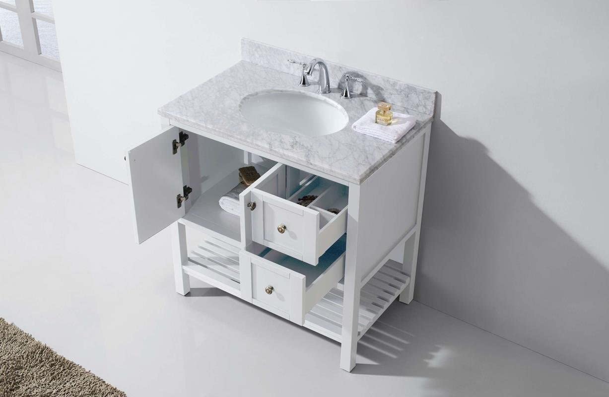 Virtu USA ES-30036-WMRO-WH-NM Winterfell 36" Single Bathroom Vanity in White with Marble Top and Round Sink, 36 inches