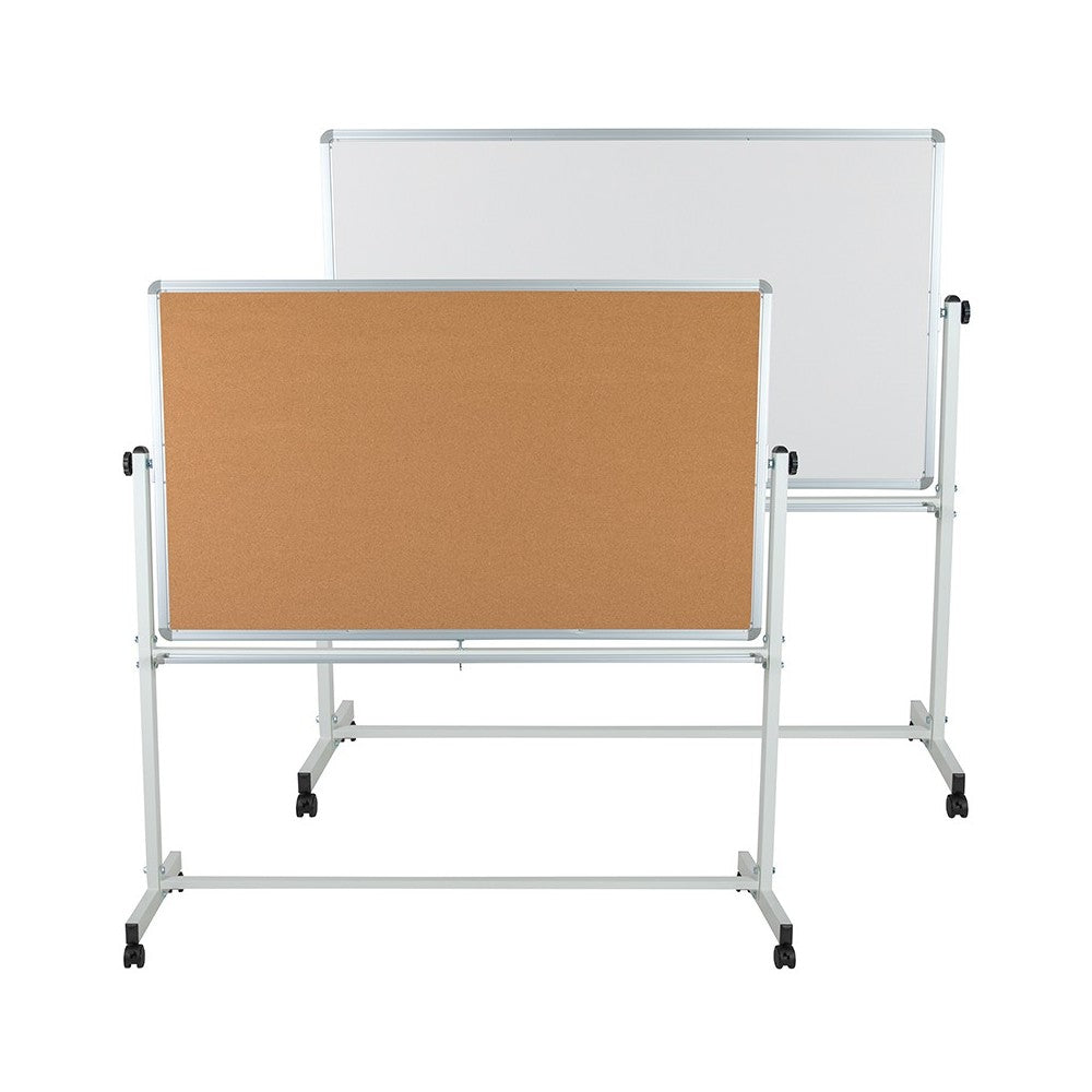 62.5"W x 62.25"H Reversible Mobile Cork Bulletin Board and White Board with Pen Tray