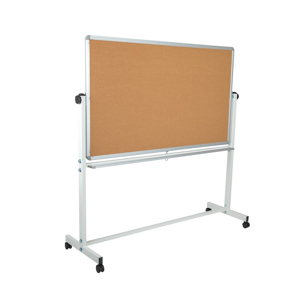 62.5"W x 62.25"H Reversible Mobile Cork Bulletin Board and White Board with Pen Tray