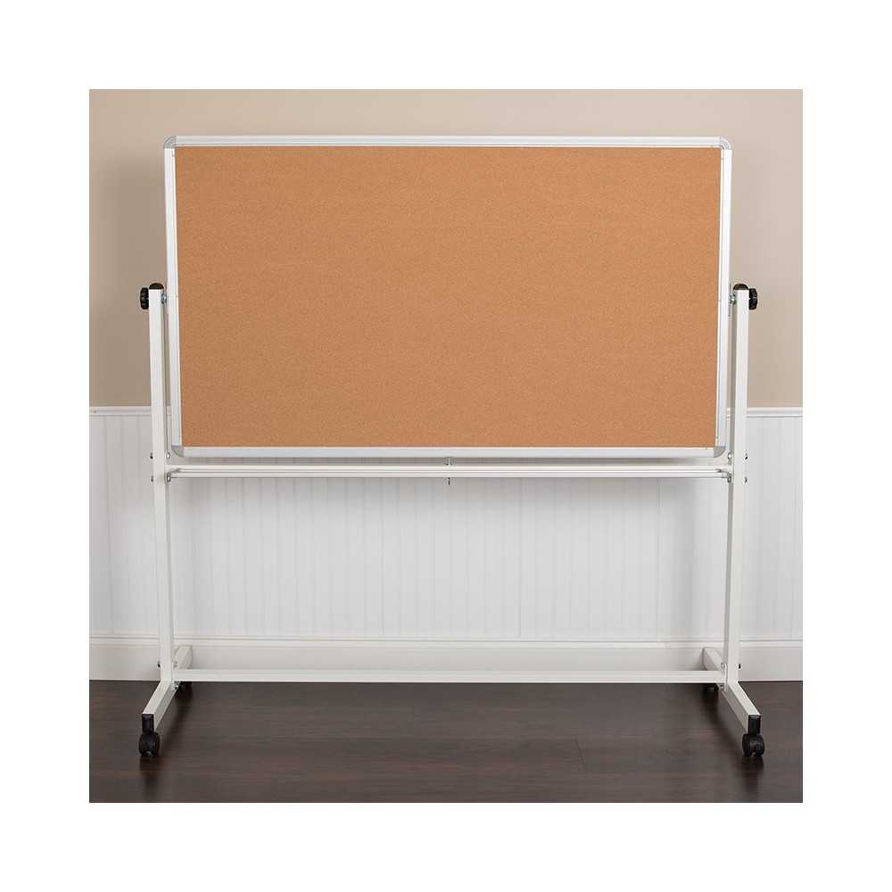 62.5"W x 62.25"H Reversible Mobile Cork Bulletin Board and White Board with Pen Tray