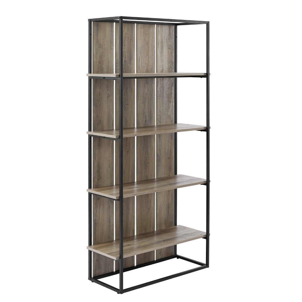 64" Farmhouse Plank Back Bookshelf - Gray Wash/Black Metal