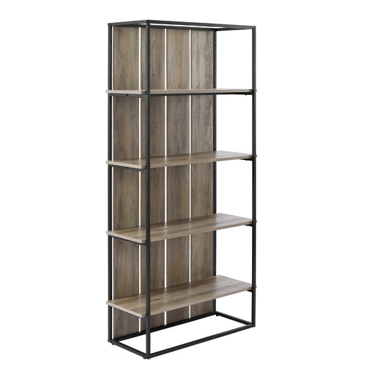 64" Farmhouse Plank Back Bookshelf - Gray Wash/Black Metal
