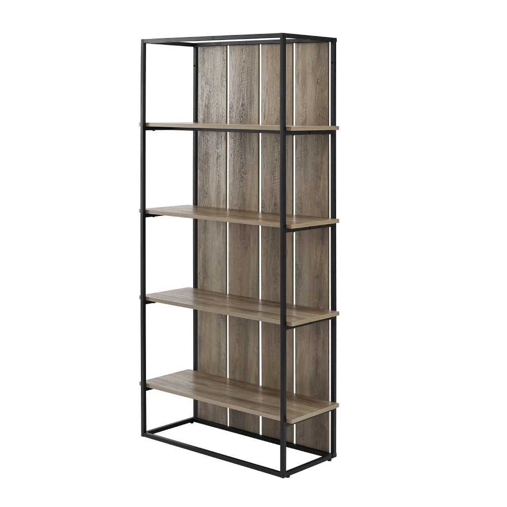 64" Farmhouse Plank Back Bookshelf - Gray Wash/Black Metal