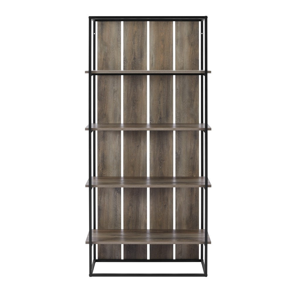 64" Farmhouse Plank Back Bookshelf - Gray Wash/Black Metal