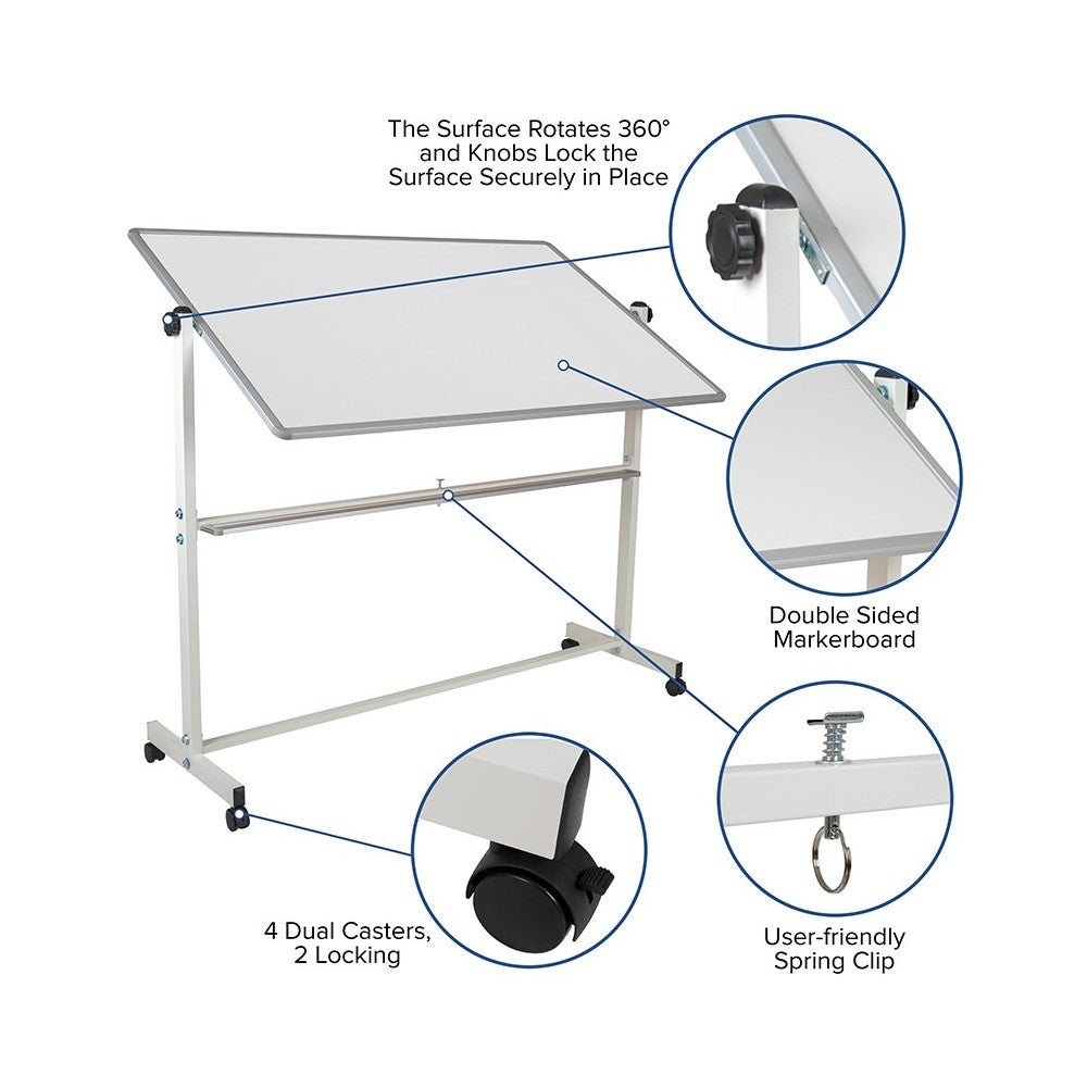 64.25"W x 64.75"H Double-Sided Mobile White Board with Pen Tray