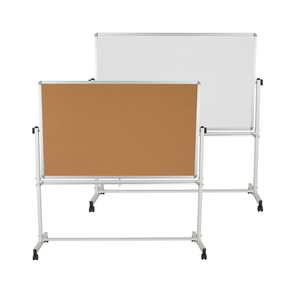 64.25"W x 64.75"H Reversible Mobile Cork Bulletin Board and White Board with Pen Tray