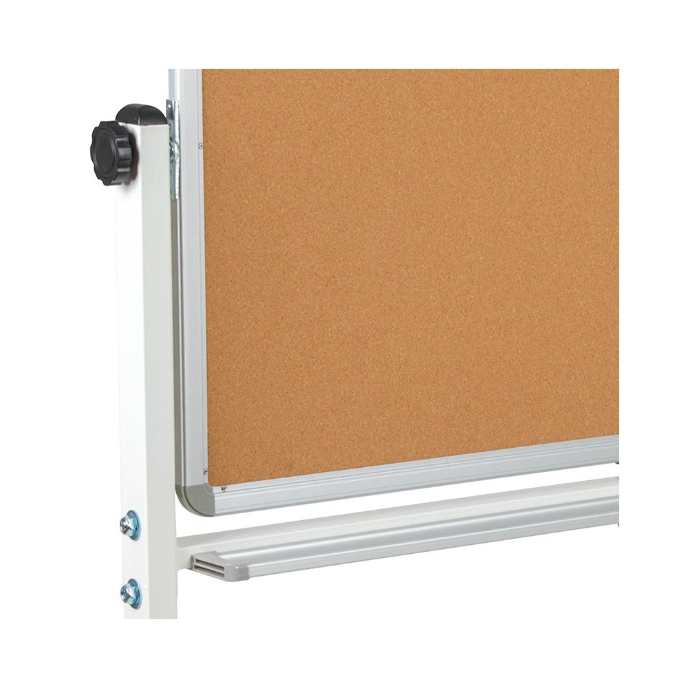 64.25"W x 64.75"H Reversible Mobile Cork Bulletin Board and White Board with Pen Tray