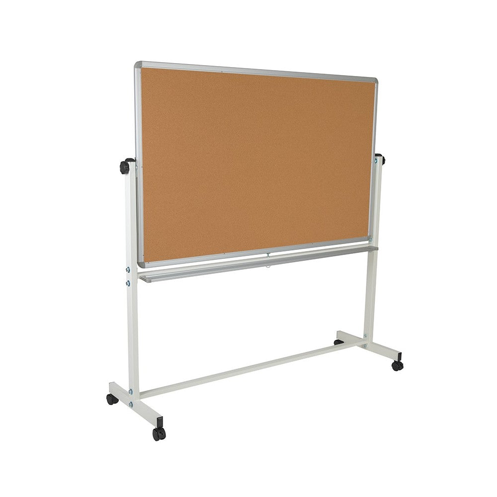 64.25"W x 64.75"H Reversible Mobile Cork Bulletin Board and White Board with Pen Tray