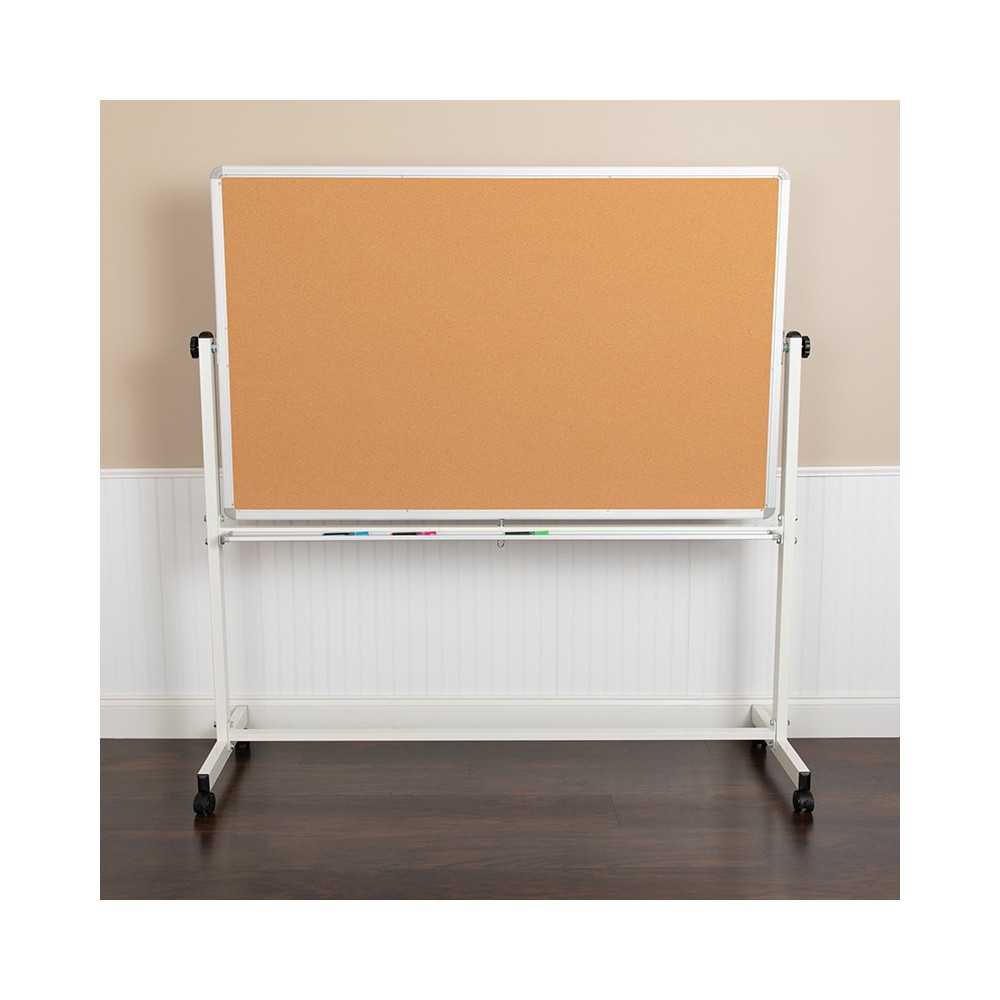 64.25"W x 64.75"H Reversible Mobile Cork Bulletin Board and White Board with Pen Tray