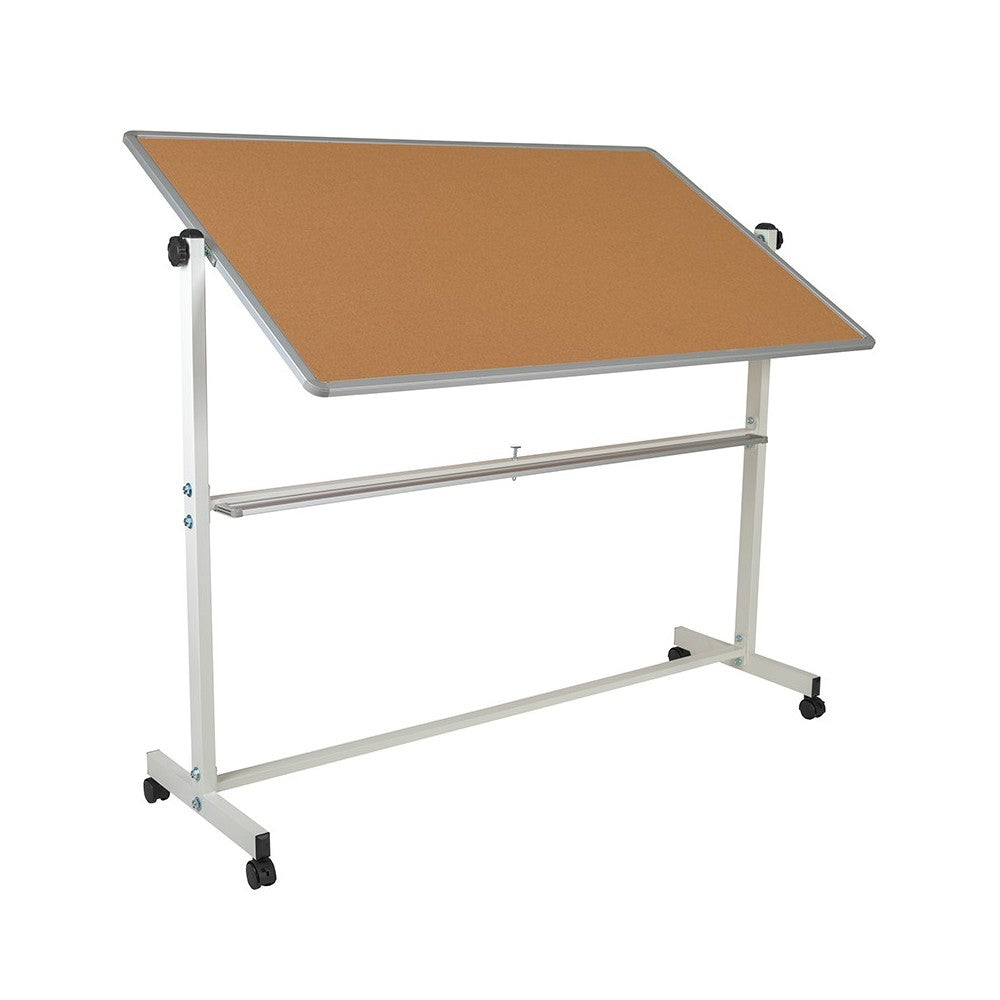 64.25"W x 64.75"H Reversible Mobile Cork Bulletin Board and White Board with Pen Tray