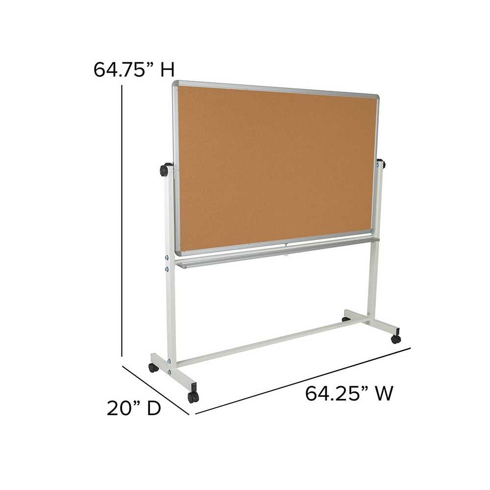 64.25"W x 64.75"H Reversible Mobile Cork Bulletin Board and White Board with Pen Tray
