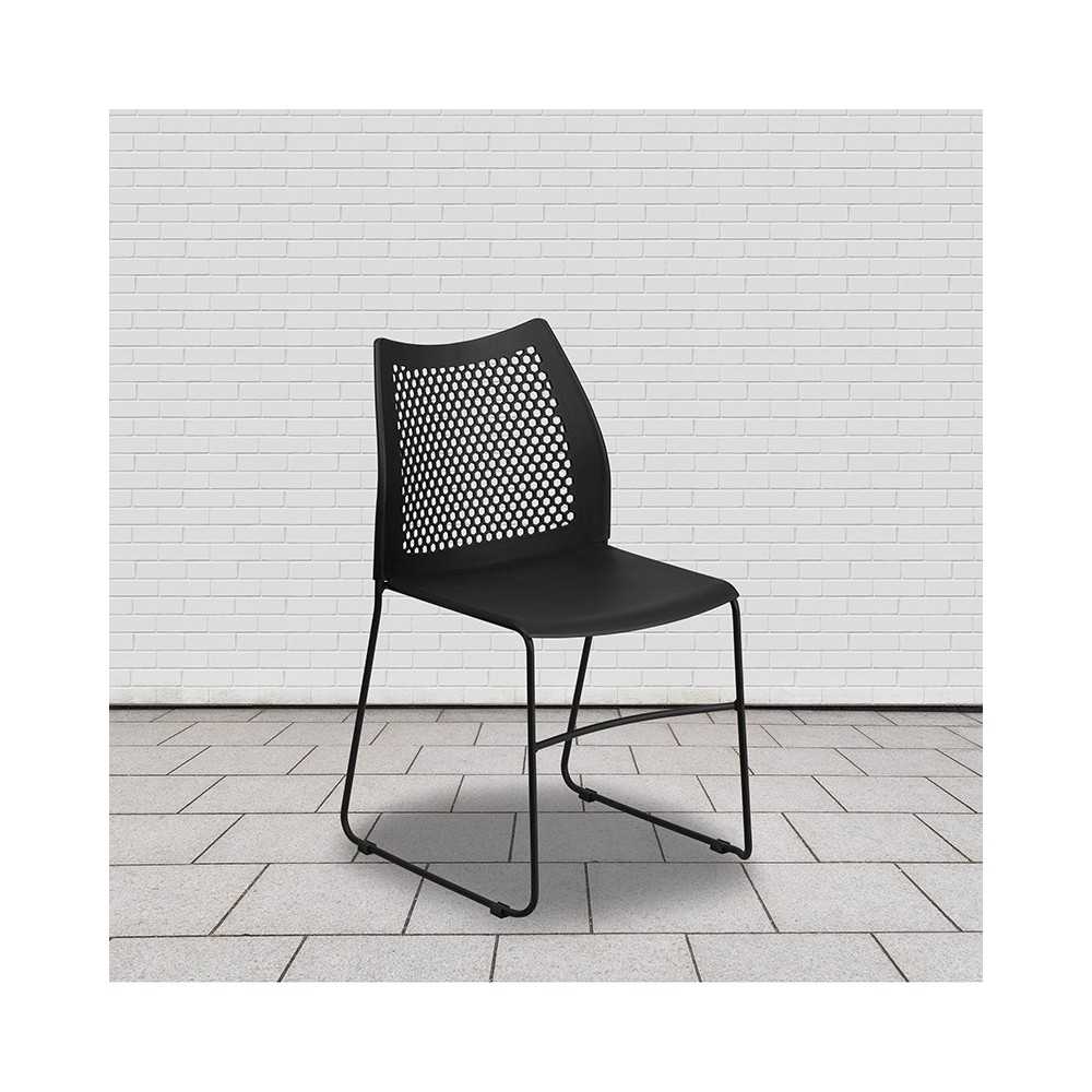 661 lb. Capacity Black Stack Chair with Air-Vent Back and Black Powder Coated Sled Base