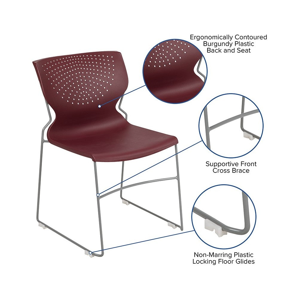 661 lb. Capacity Burgundy Full Back Stack Chair with Gray Powder Coated Frame