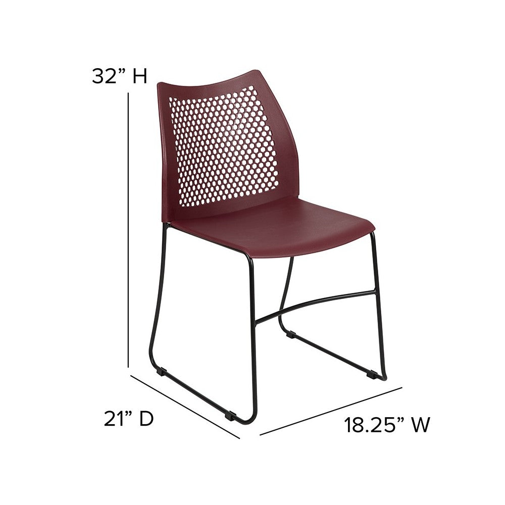661 lb. Capacity Burgundy Stack Chair with Air-Vent Back and Black Powder Coated Sled Base